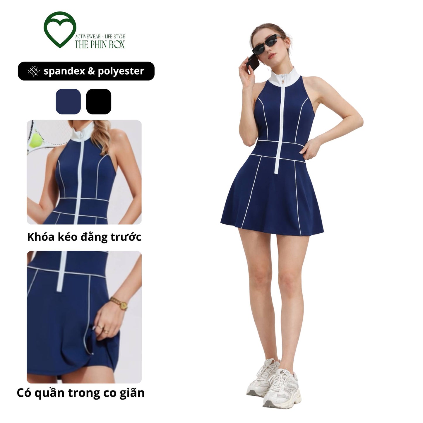 Ace Line - Đầm thể thao nữ có khoá kéo, khoét nách, chất liệu từ sợi nhân tạo, Polyester (PES)
