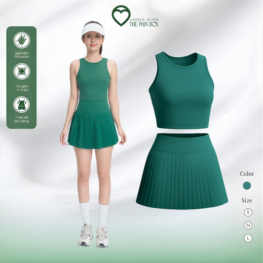 SET ACTIVEWEAR TANK TOP CHÂN VÁY XẾP LY XANH RÊU-TBA11