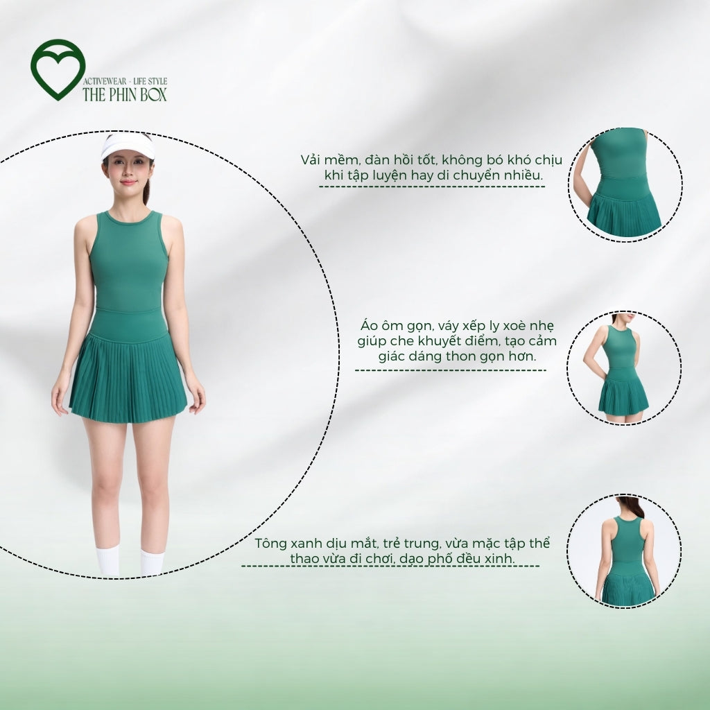 SET ACTIVEWEAR TANK TOP CHÂN VÁY XẾP LY XANH RÊU-TBA11