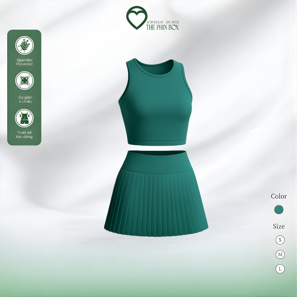 SET ACTIVEWEAR TANK TOP CHÂN VÁY XẾP LY XANH RÊU-TBA11