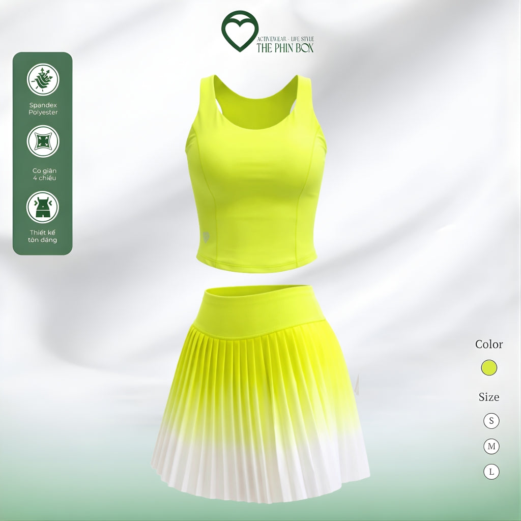 SET ĐỒ TẬP NỮ THỂ THAO XẾP LY XANH NEON-TB88