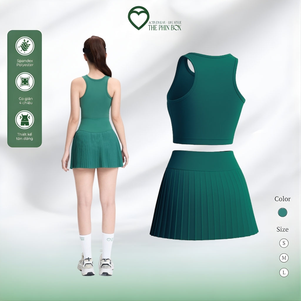 SET ACTIVEWEAR TANK TOP CHÂN VÁY XẾP LY XANH RÊU-TBA11