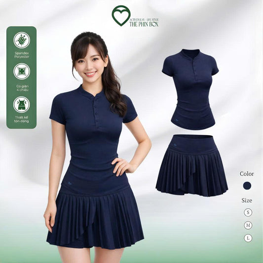 SET CHÂN VÁY XẾP LY XÉ TÀ CÓ CÚC XANH NAVY-TBM1