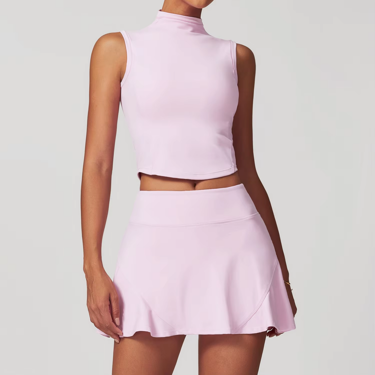 SET ĐỒ TẬP NỮ CỔ CAO THANH LỊCH – ÁO CROPTOP KHÔNG TAY & CHÂN VÁY QUẦN ÔM DÁNG