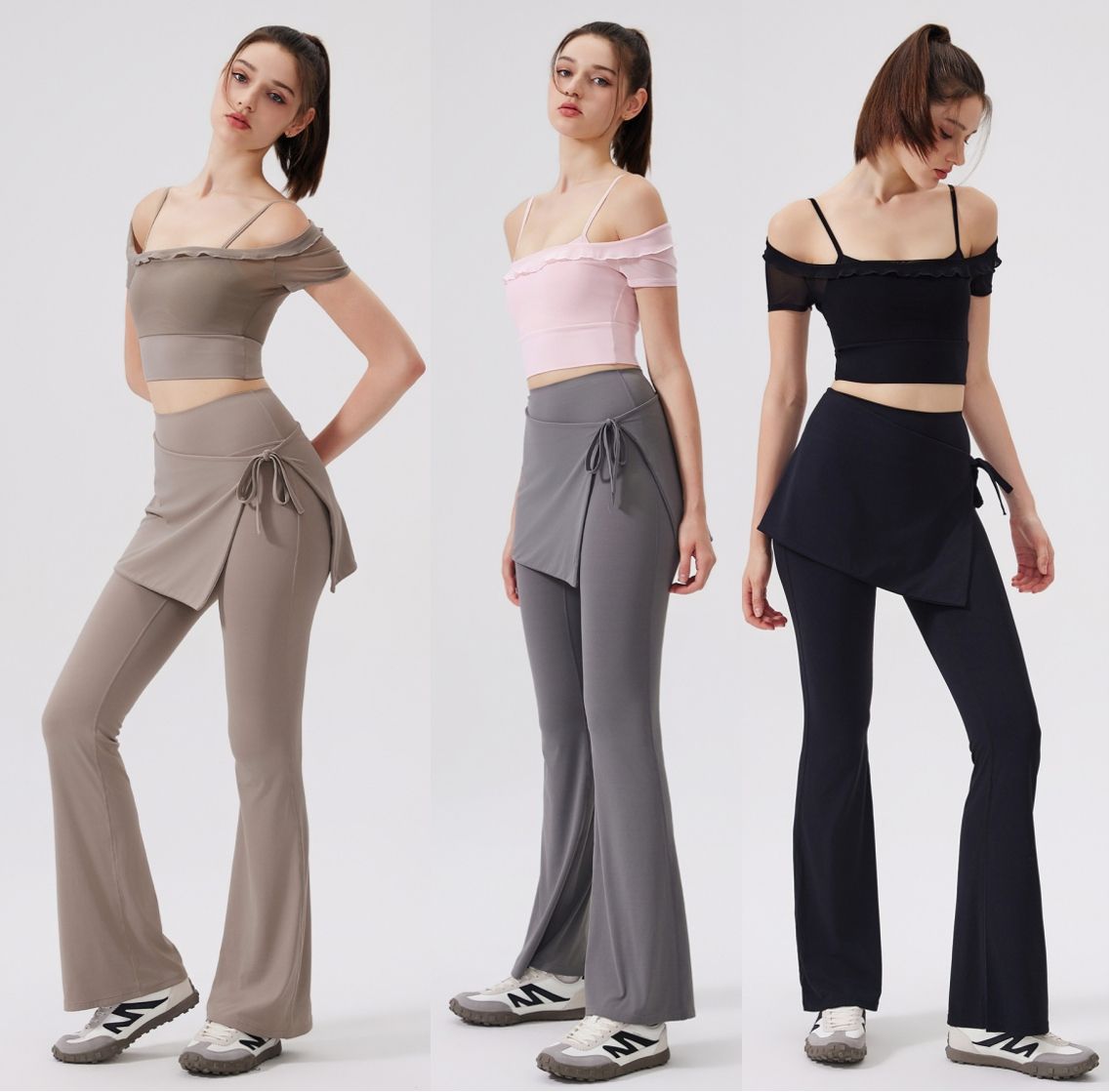 SET ĐỒ TẬP GYM/YOGA CROP TOP HAI DÂY KÈM QUẦN ỐNG LOE ĐÍNH VÁY PHỦ THỜI TRANG
