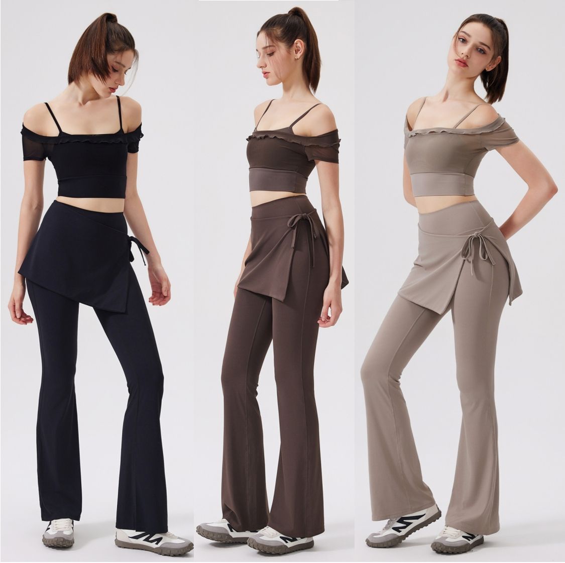 SET ĐỒ TẬP GYM/YOGA CROP TOP HAI DÂY KÈM QUẦN ỐNG LOE ĐÍNH VÁY PHỦ THỜI TRANG