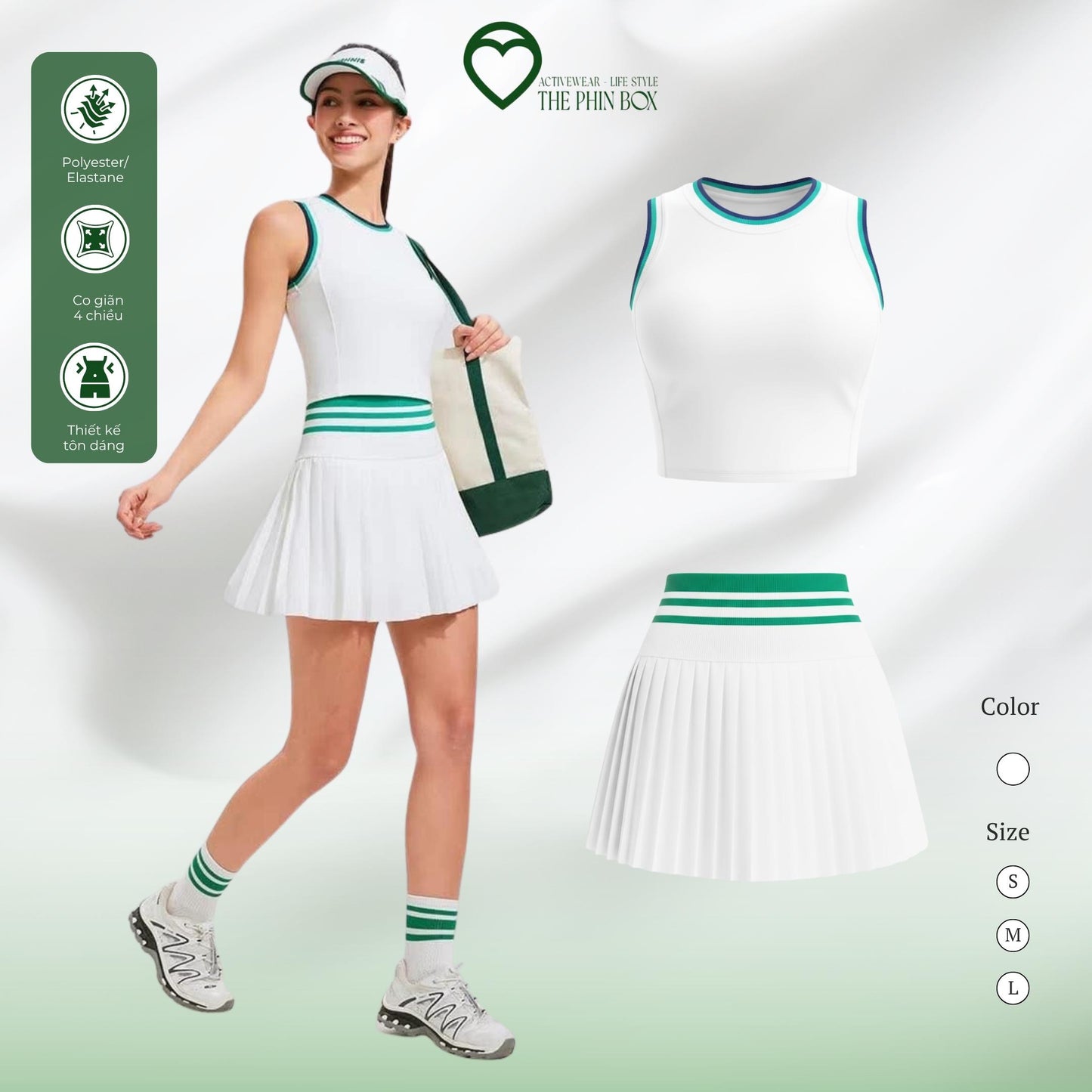 SET TENNIS TANK TOP + VÁY XẾP LY XANH LÁ TB34