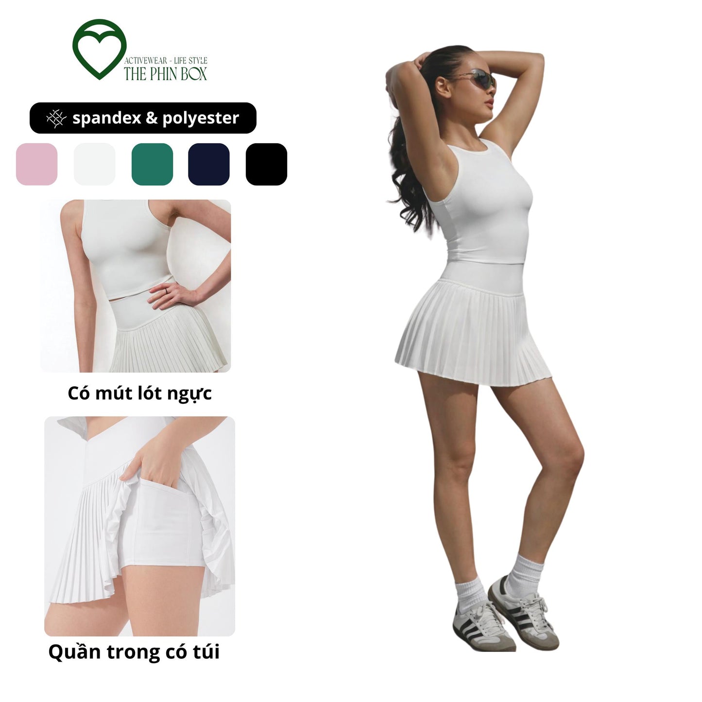 SET ACTIVEWEAR TANK TOP CHÂN VÁY XẾP LY XANH RÊU-TBA11