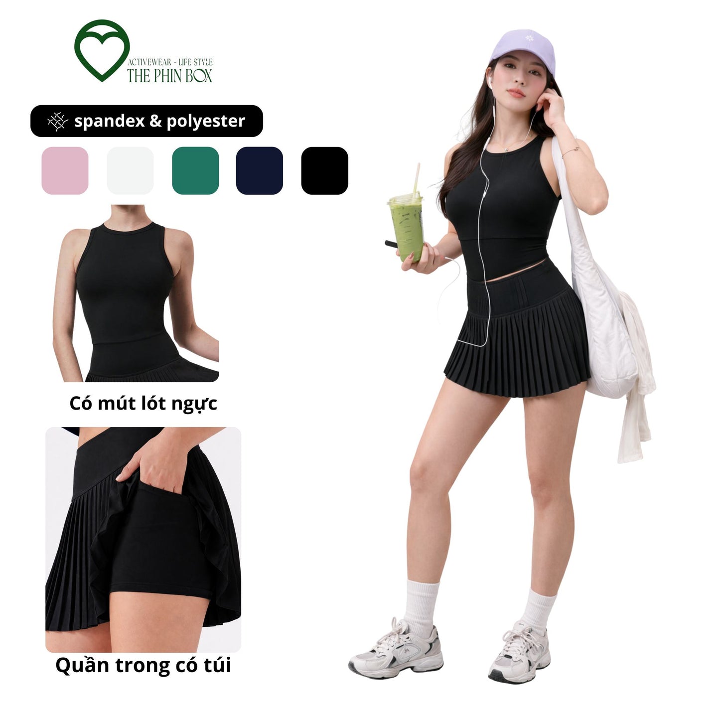SET ACTIVEWEAR TANK TOP CHÂN VÁY XẾP LY XANH RÊU-TBA11
