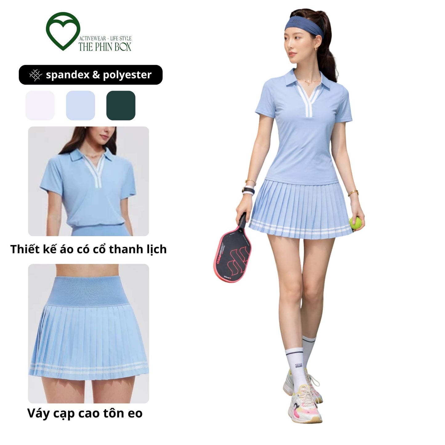 Active Muse Set – Bộ Đồ Thể Thao Nữ Áo Polo + Váy Tennis Xếp Ly Cạp Cao Co Giãn Spandex Polyester