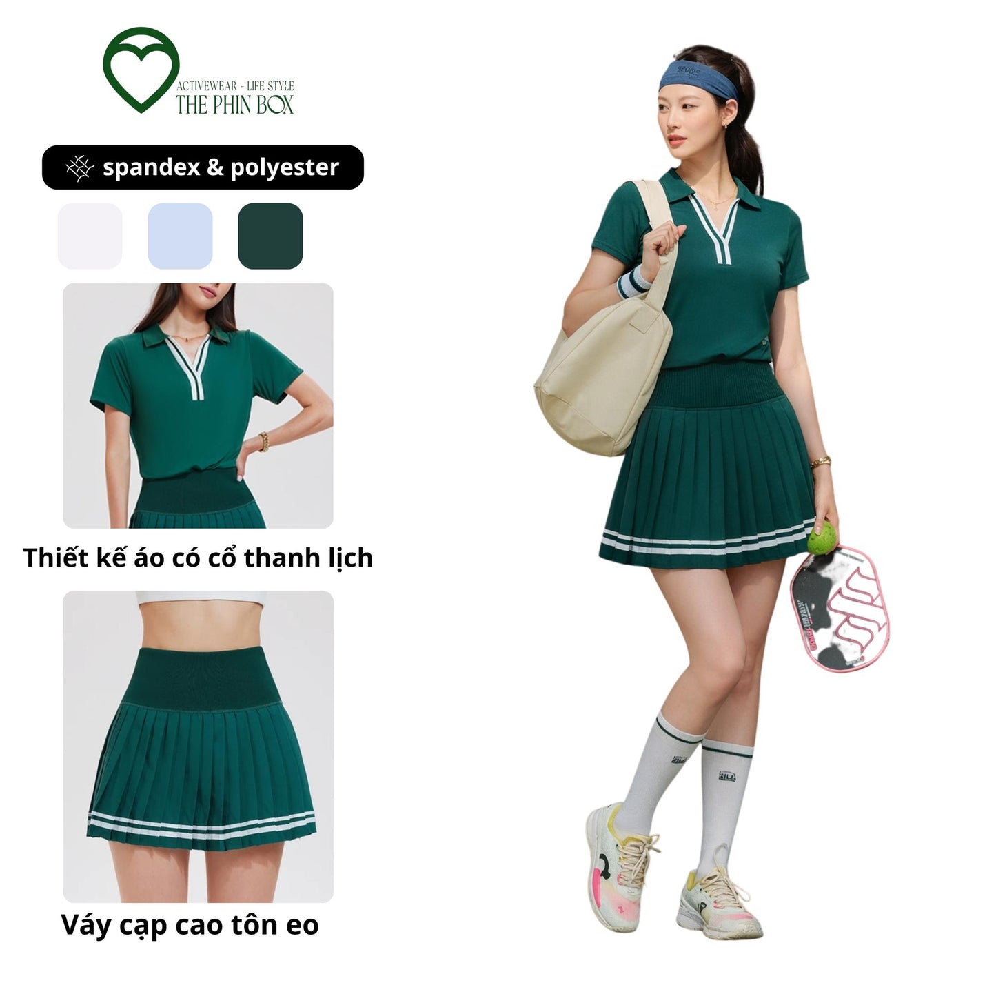 Active Muse Set – Bộ Đồ Thể Thao Nữ Áo Polo + Váy Tennis Xếp Ly Cạp Cao Co Giãn Spandex Polyester