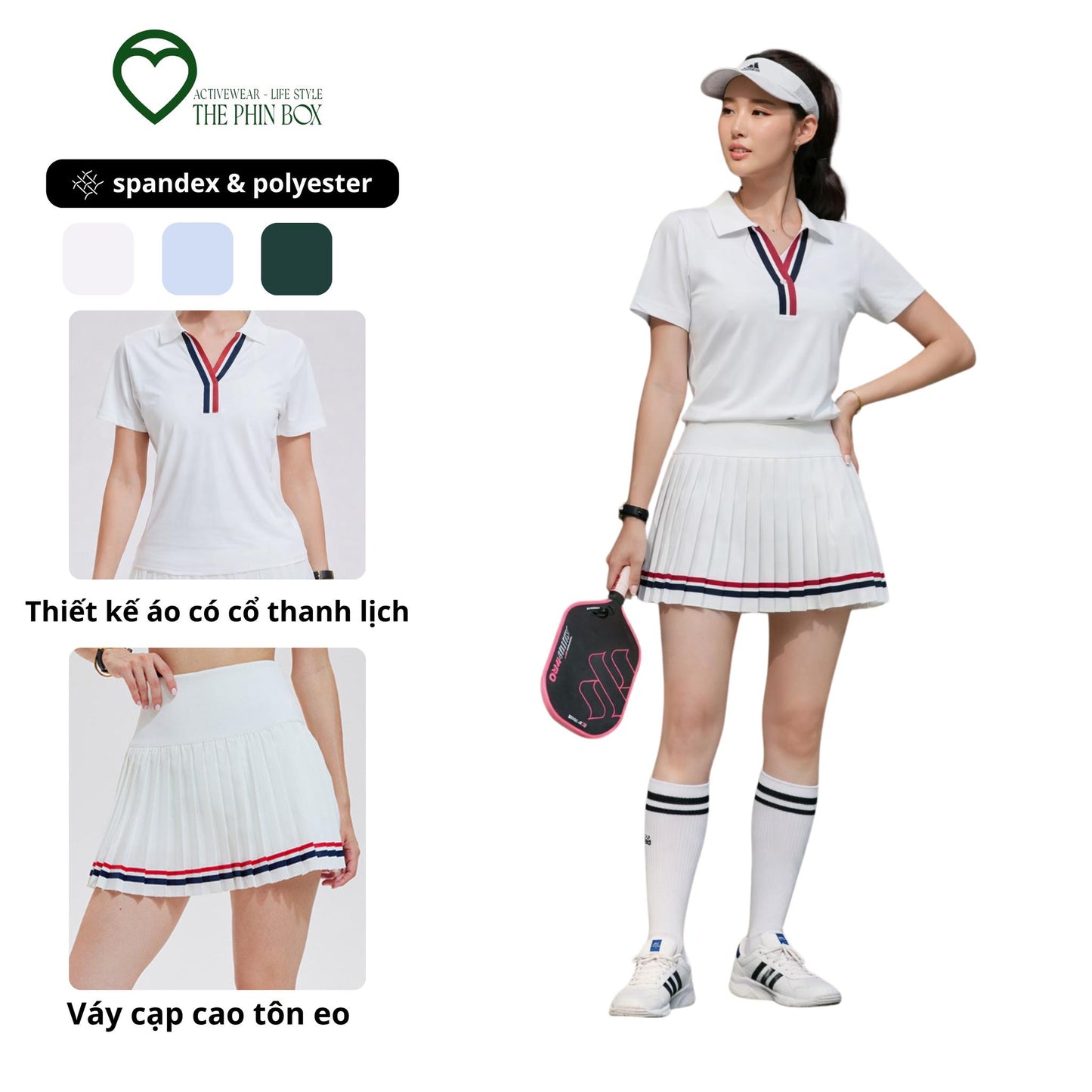 Active Muse Set – Bộ Đồ Thể Thao Nữ Áo Polo + Váy Tennis Xếp Ly Cạp Cao Co Giãn Spandex Polyester