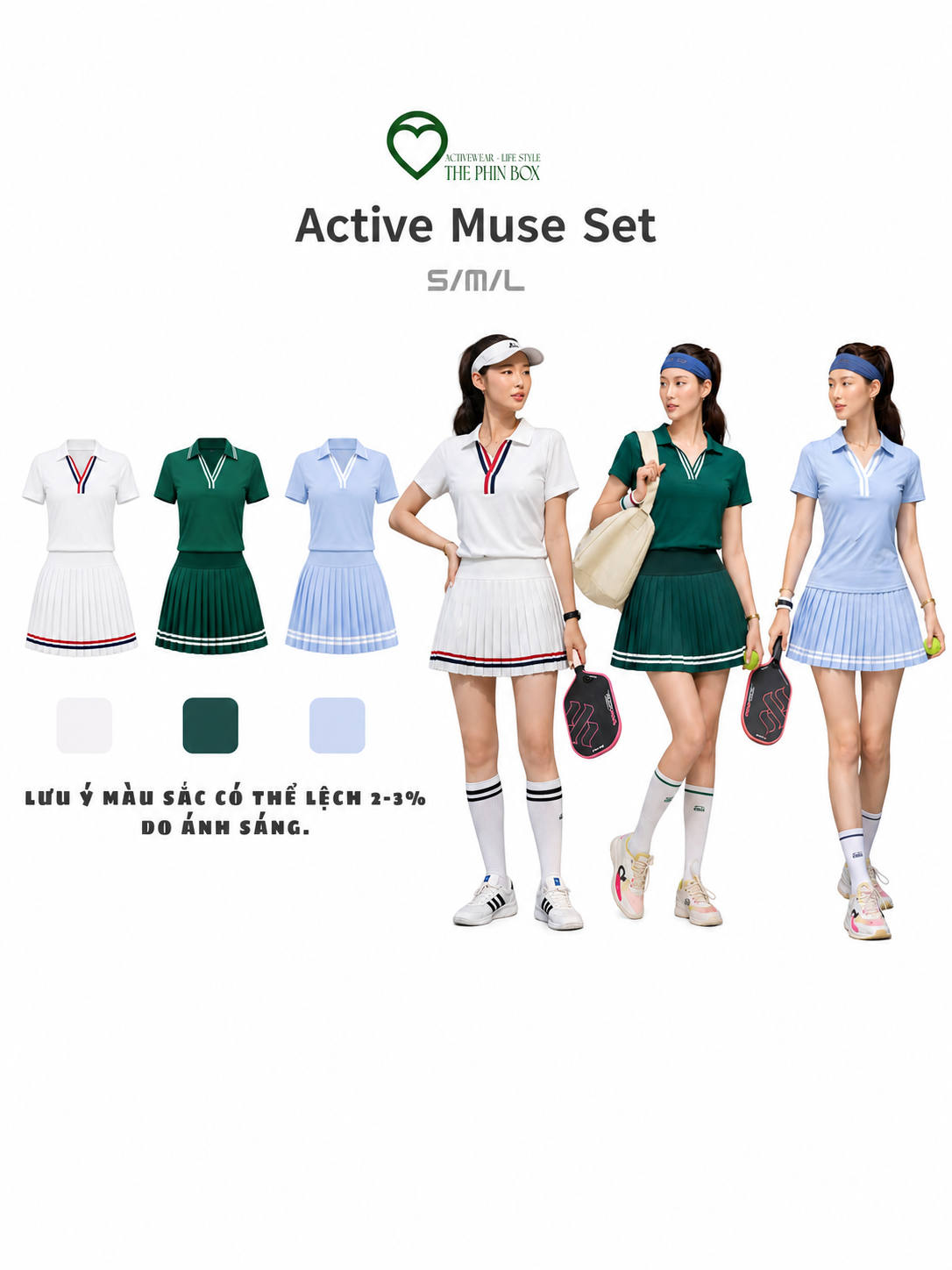 Active Muse Set – Bộ Đồ Thể Thao Nữ Áo Polo + Váy Tennis Xếp Ly Cạp Cao Co Giãn Spandex Polyester